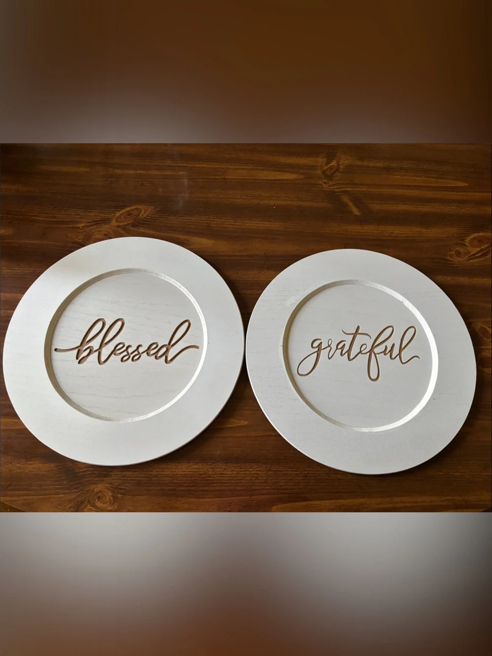 Neutral White 'Blessed' & 'Grateful' Decorative Wood Wall Plaques/ Chargers